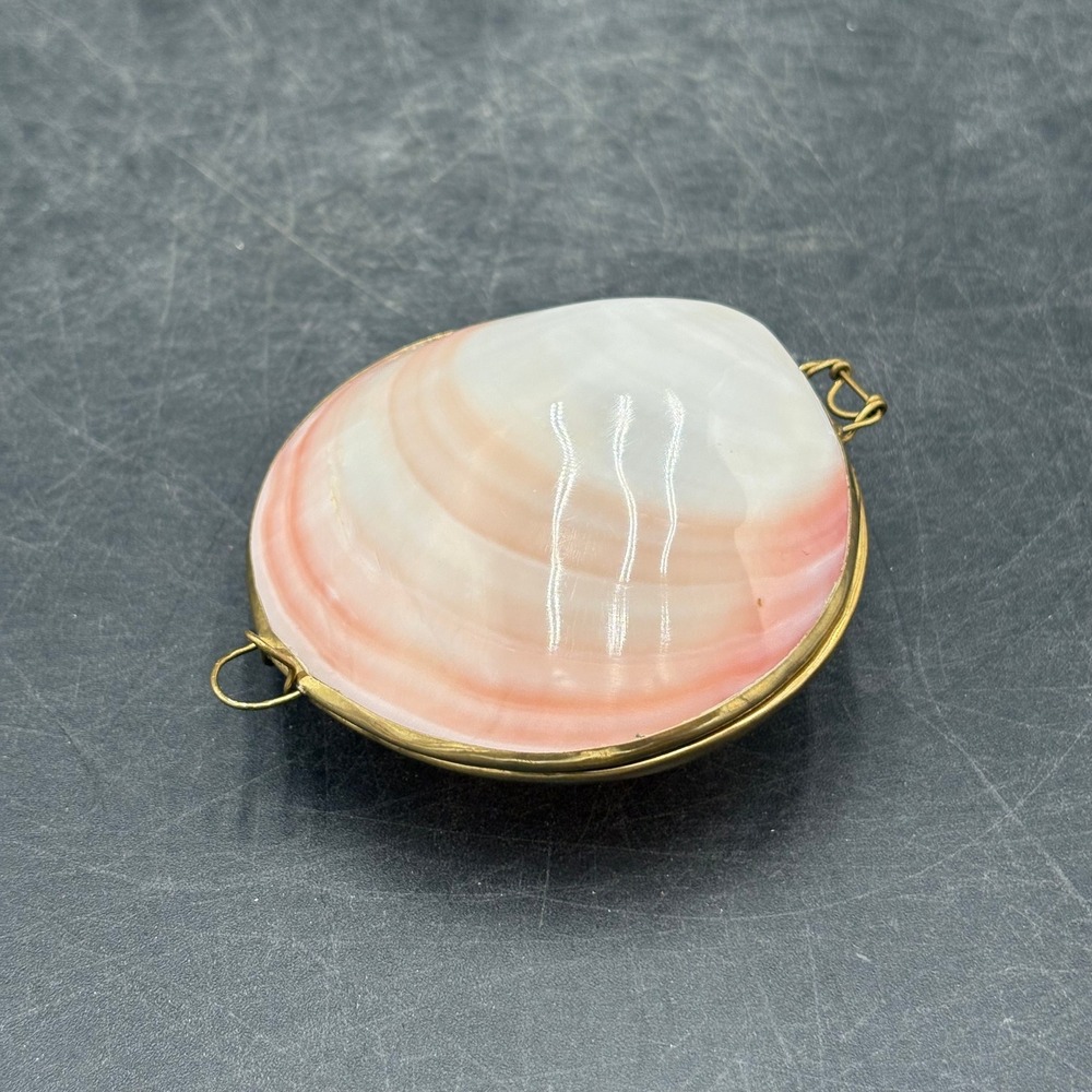 Vintage Pink Clam Shell Coin Purse Pill Box Brass Frame Philippines Handmade